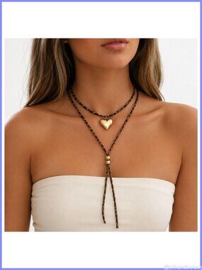 Layered Choker Necklace Leather Cord Heart Pendant Leopard Accent Adjustable